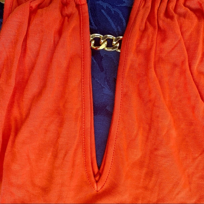 Bright Orange Halter Top w/ Attached Gold Chain Necklace (L)