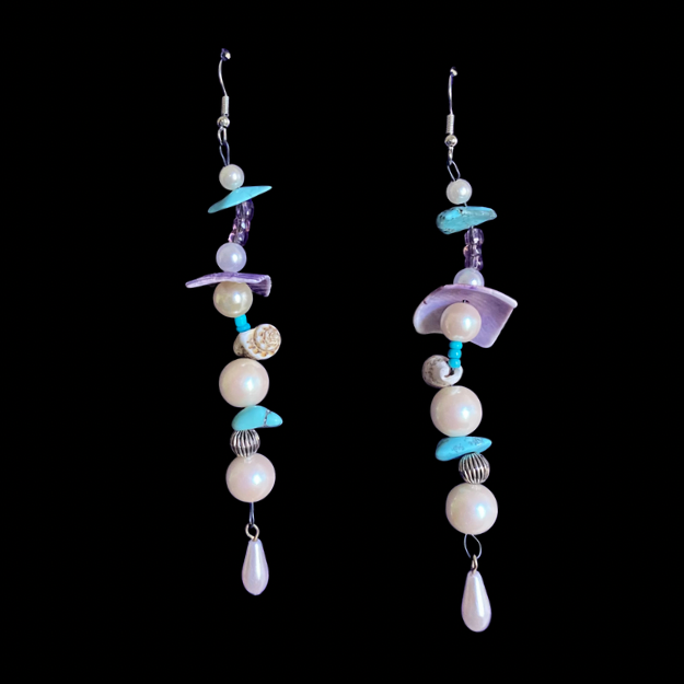 Alana | Purple/ Multi Shell Mock Pearl Beaded Wavy Dangle Earrings