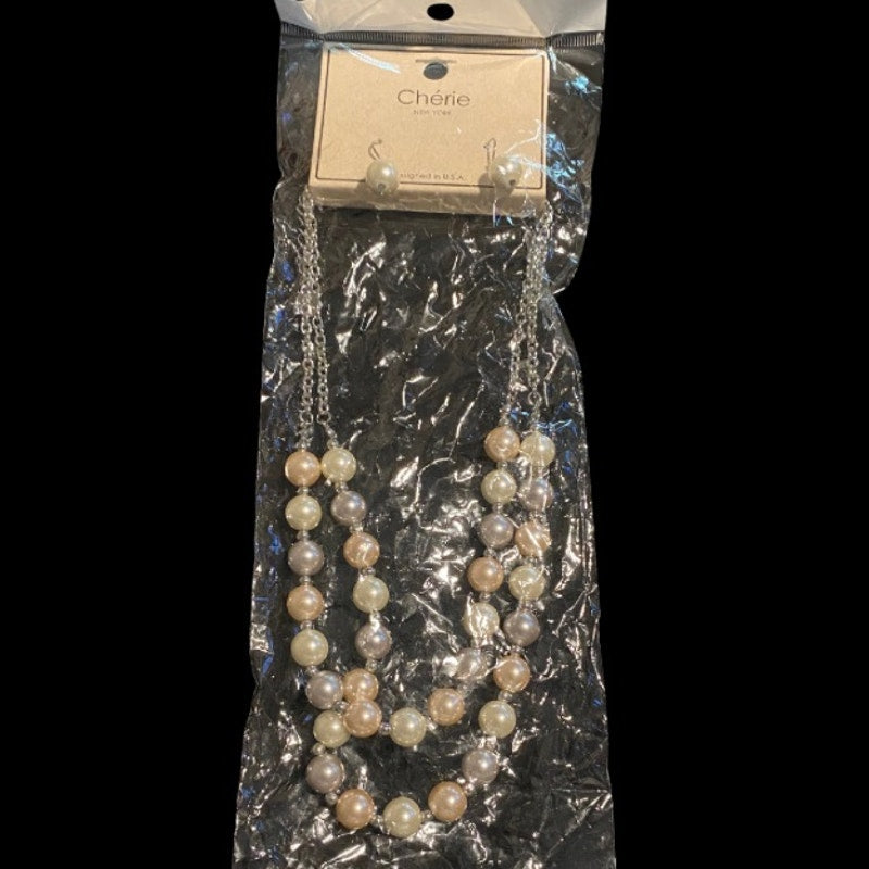NWT White, Rose, and Lavender Mock Pearl Beaded Layered Necklace and Earring Set