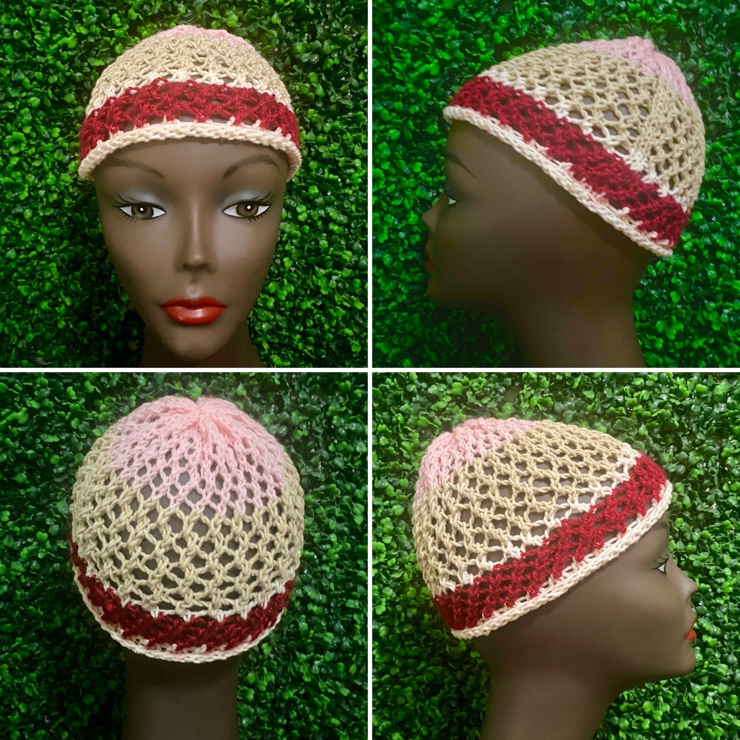 Pink/Tan/Red/Cream Colorblock Retro Style Knit Mesh Skull Cap (S/M)