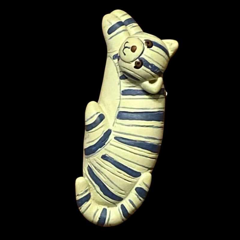Vintage Blue and White Painted Ceramic Tiger Cat Brooch