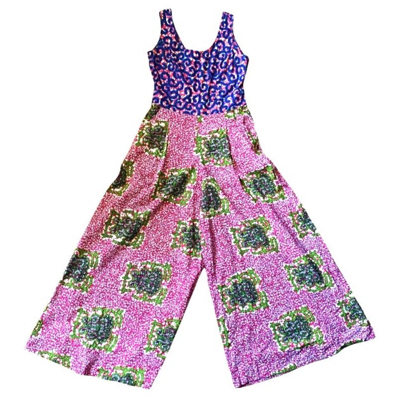 Vibrant Hot Pink, Royal Blue, Lime Green Abstract Ankara Print Wide-Legged Sleeveless Cotton Jumpsuit (M)