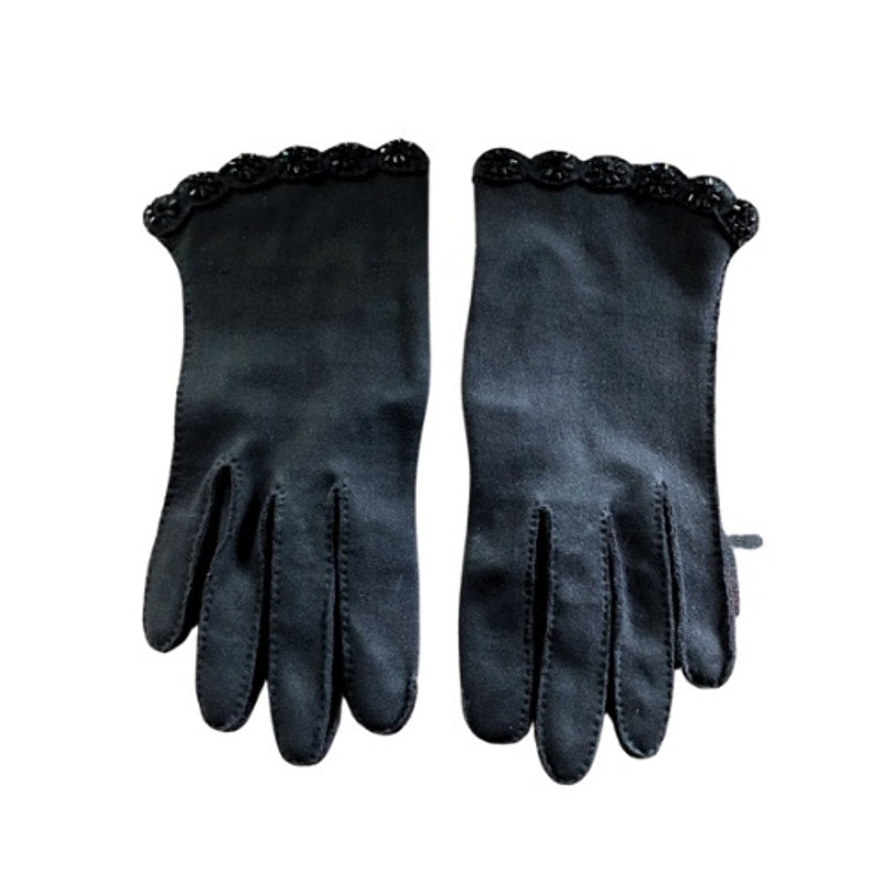1960’s Crescendoe Vintage Ladies Beaded Black Suede Leather Tailored Gloves (Small)
