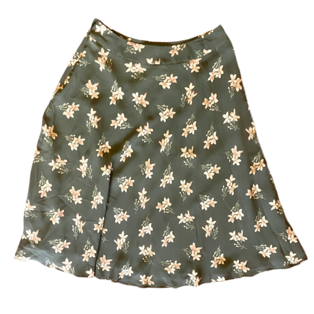 100% Silk Forest Green and Pastel Pink Floral Midi Skirt (6)