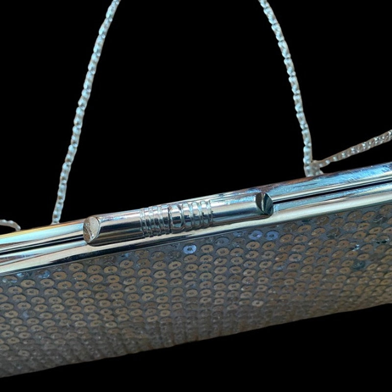 Y2K Silver Disco Sequined Clutch/ Frame Bag with Silver Chain Strap