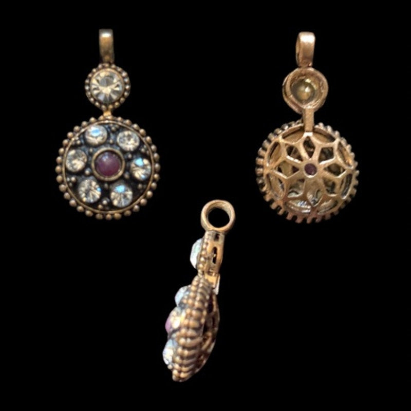 Y2K Ottoman Rose Shaped Mock Ruby & Diamente Bronze Circular Drop Earrings, Pendant, & Ring Jewelry Set