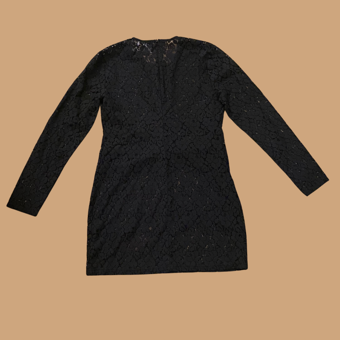 Black Cotton Long-sleeve Lace Party Dress (M)