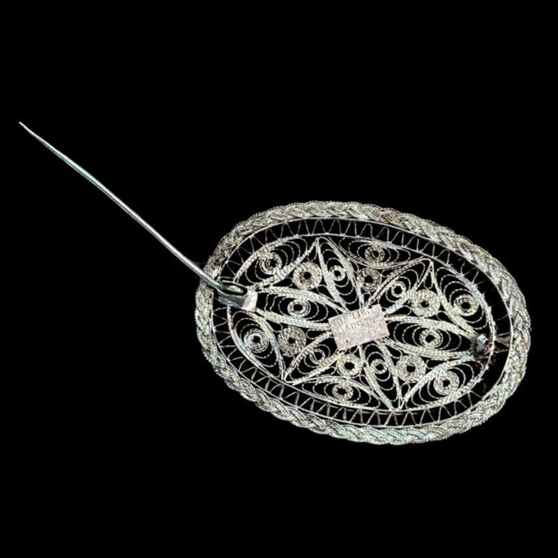 Antique Sterling Silver Oval Floral Filigree Brooch