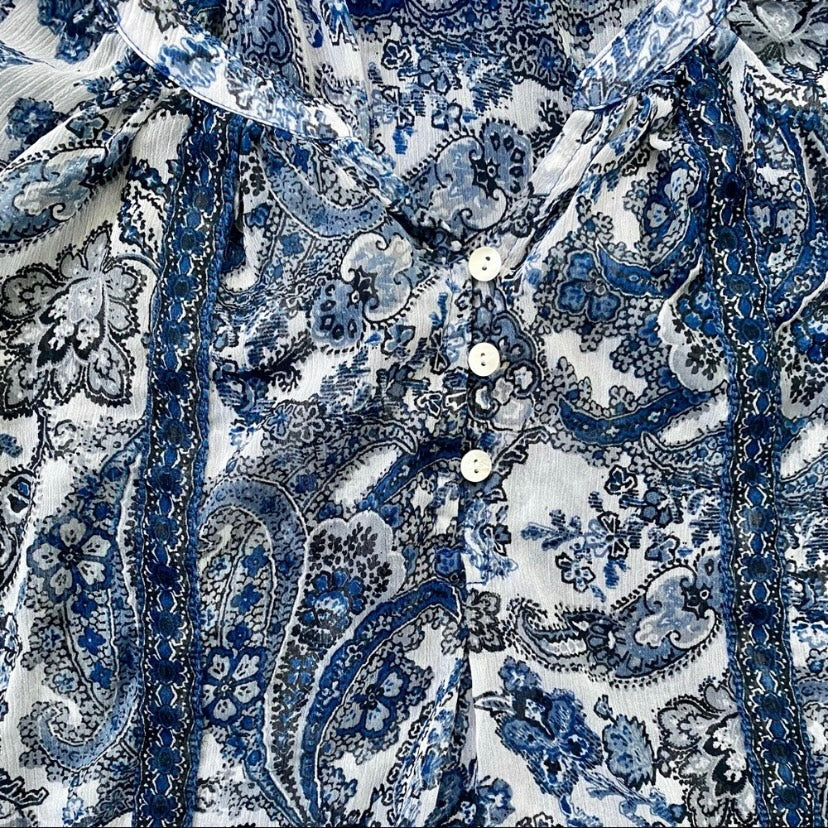 Sheer Blue and White Paisley Print Peasant Blouse (M)
