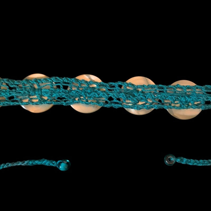 Faux Mother of Pearl /Tortoiseshell Button Embellished Handknit Teal Cotton Choker Necklace
