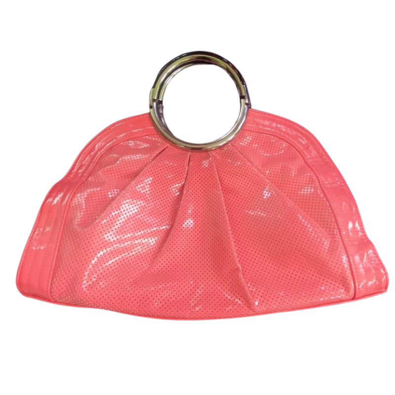 NWOT Coral Pink Faux Leather Tortoiseshell Handle Handbag with Leopard Print Lining, Removable Strap, Mirror