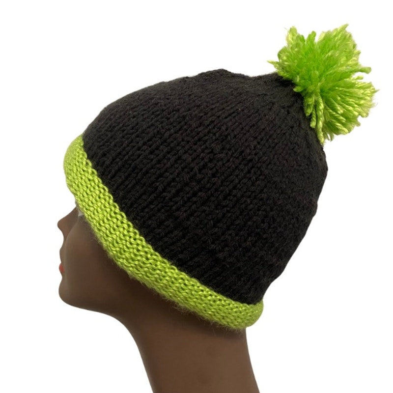 Black & Lime Green Pom Pom Knit Beanie (L)