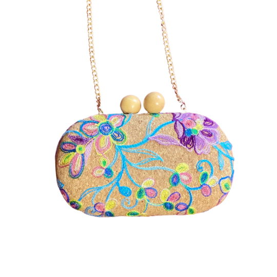 Floral Embroidered Cork Oval Clutch/ Crossbody Bag with Removable Gold Chain Strap