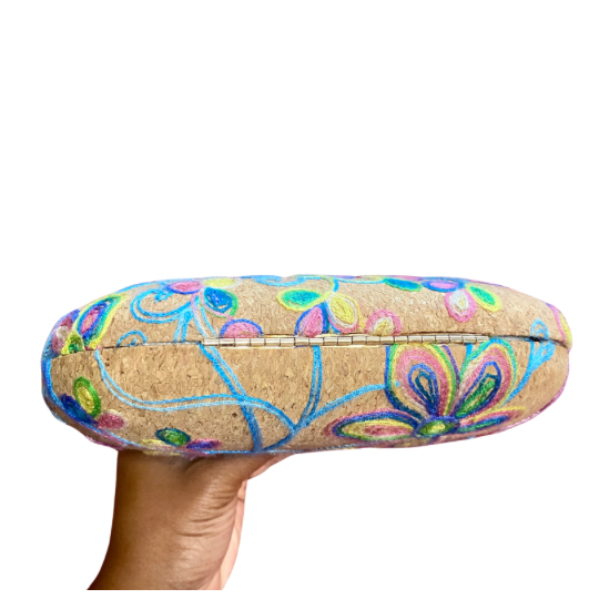 Floral Embroidered Cork Oval Clutch/ Crossbody Bag with Removable Gold Chain Strap