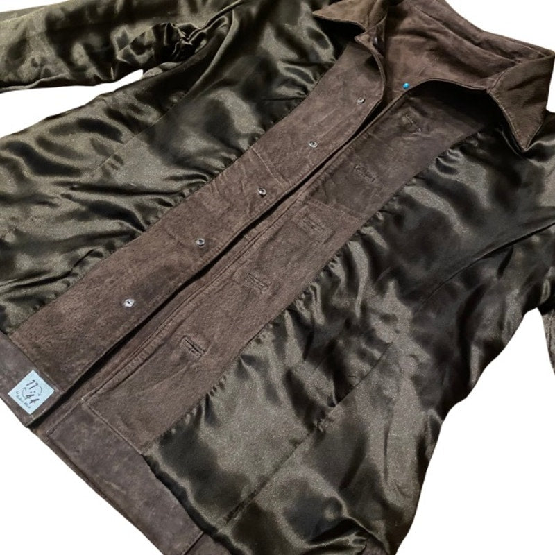Upcycled Vintage Turquoise Bead Studded Chocolate Brown Suede Genuine Leather Jacket (S)