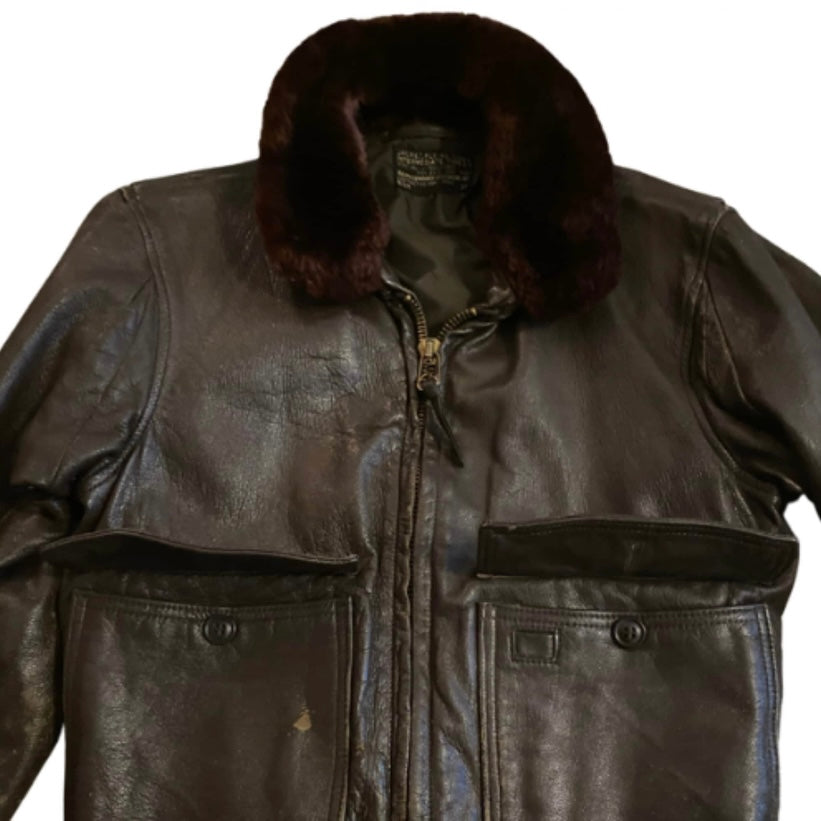 *RARE VINTAGE* 1960s USN Men’s Type G-1 Chocolate Brown Leather Flight Jacket with Fur Collar (36)