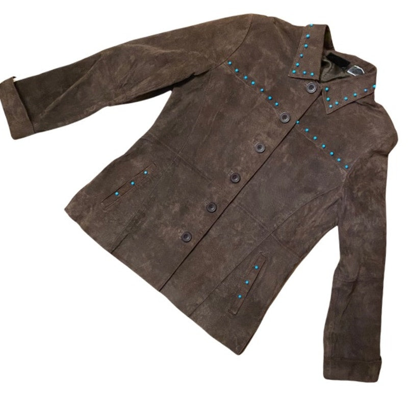 Upcycled Vintage Turquoise Bead Studded Chocolate Brown Suede Genuine Leather Jacket (S)