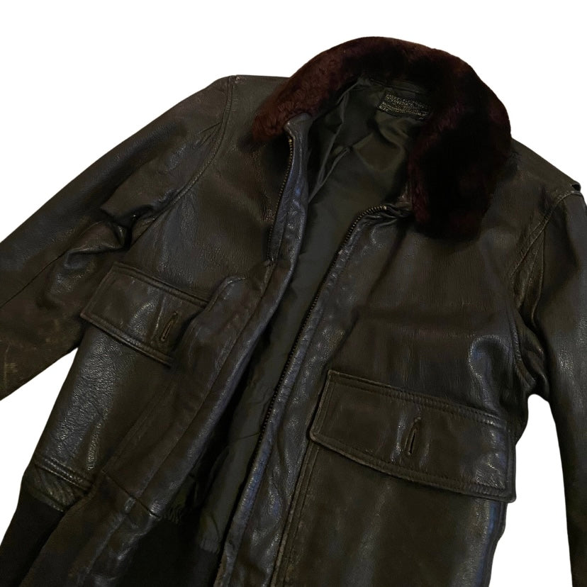 *RARE VINTAGE* 1960s USN Men’s Type G-1 Chocolate Brown Leather Flight Jacket with Fur Collar (36)