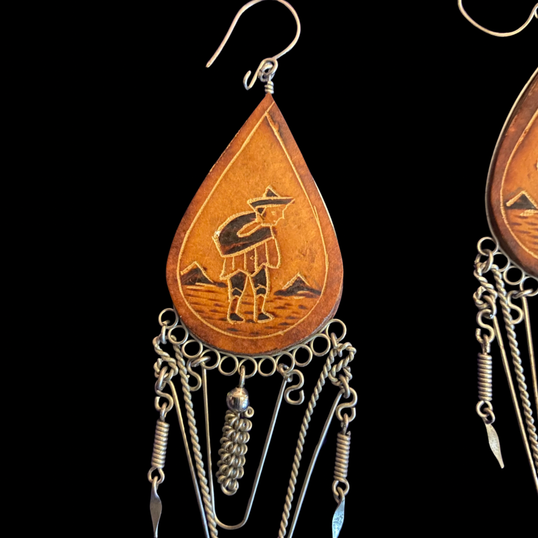 Vintage Wood & Metal Traveler Drop Earrings