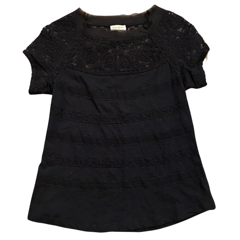 Black Floral Lace Striped Shirt (XS)