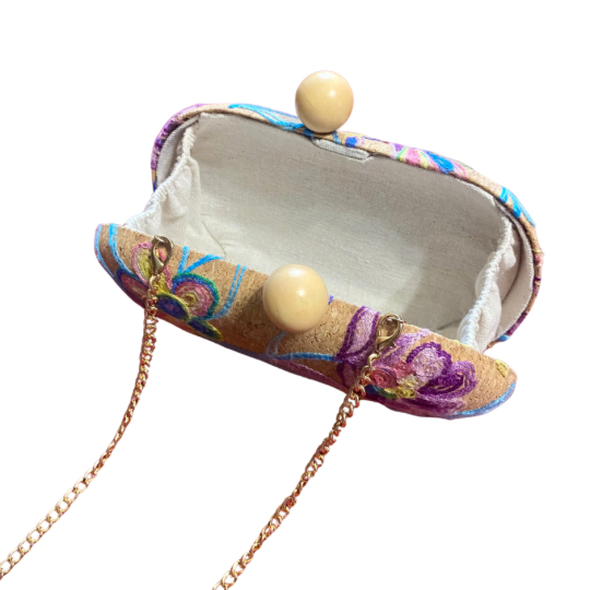 Floral Embroidered Cork Oval Clutch/ Crossbody Bag with Removable Gold Chain Strap