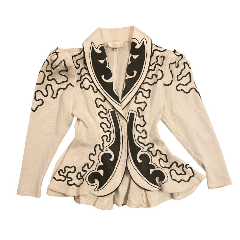 *RARE VINTAGE* Cream & Black 80’s Sequin Embellished Knit Blazer/Jacket with Belt (S)