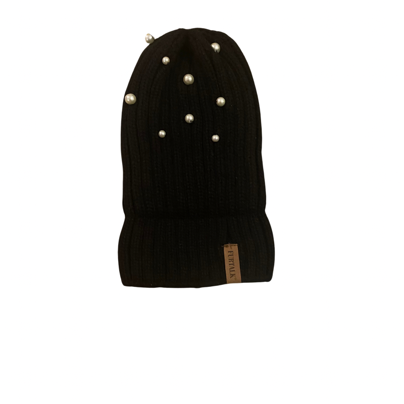 đź”” Upcycled Pearl-Studded Black Knit Beanie