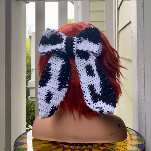 Black & White Cowprint Crochet Bow - Handmade Accessory with Removable Clip
