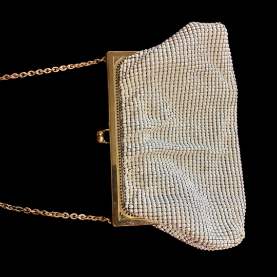 Vintage Small 60’s/70’s Pearly White Acrylic Mesh/ Brass Metal Frame Evening Bag