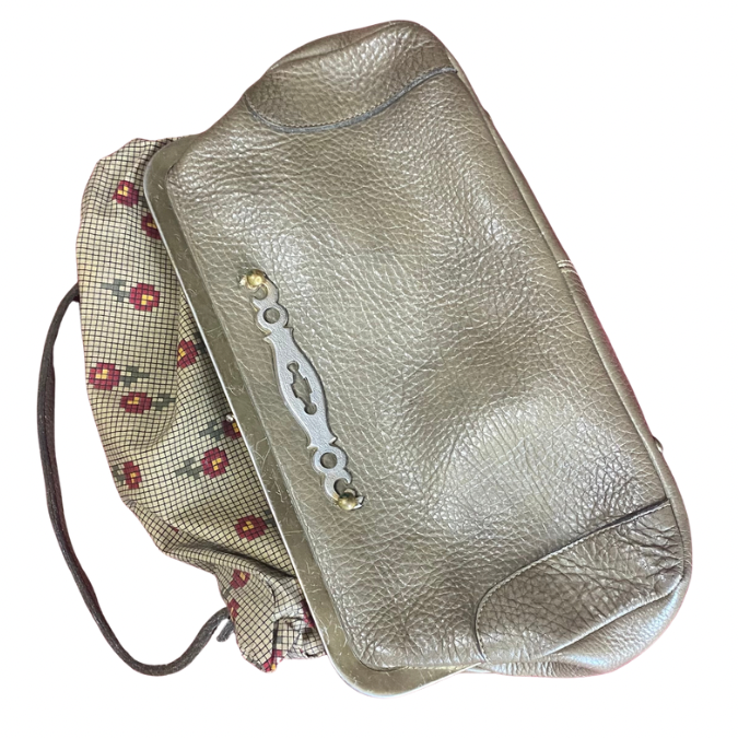 Vintage Taupe Pebble Leather Handbag with Pixelated Floral Lining
