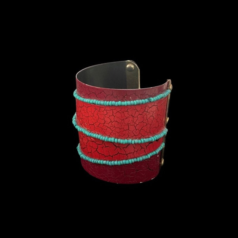 Upcycled Vintage Turquoise Beaded Red & Magenta Pleather Cuff Bracelet