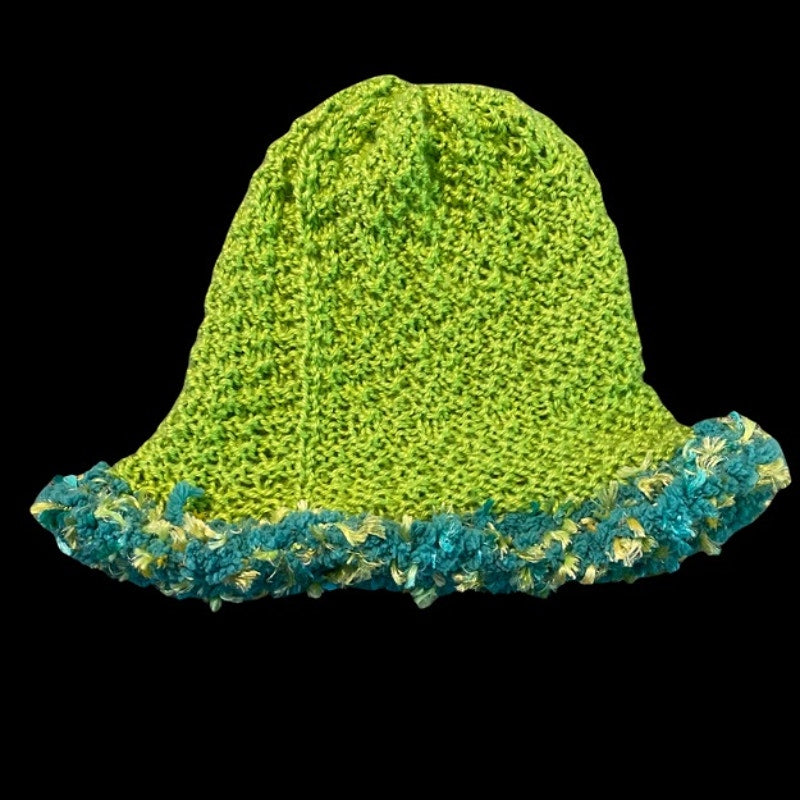 Mossy Lime Green & Teal Fuzzy Trim Bucket Hat (L)