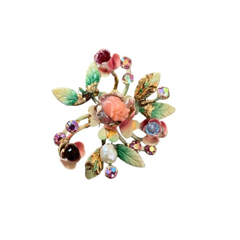 1950’s-60’s Vintage Austrian Enamel Gold Floral Rhinestone Brooch
