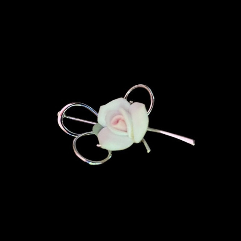 Vintage Dainty Sterling Silver White Ceramic Rose Pin