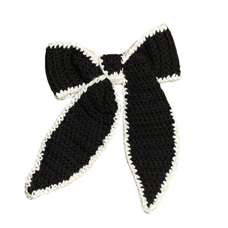 Black Crochet Bow with Cream Trim - Handmade Accessory with Removable Clip