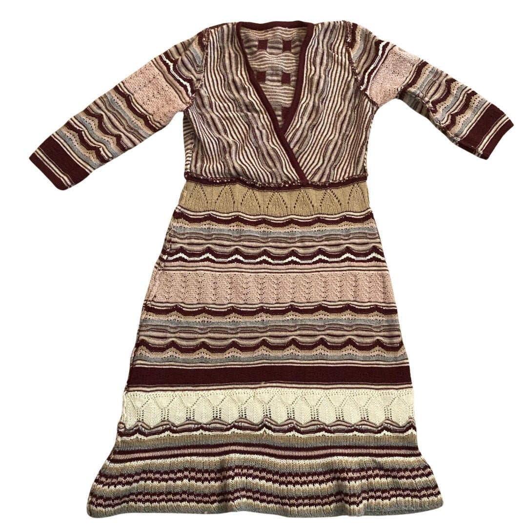 NWT V-Neck Pink/ Burgundy/ Cream/ Striped Baby Alpaca Wool Knit Ruffle Hem Dress (L)