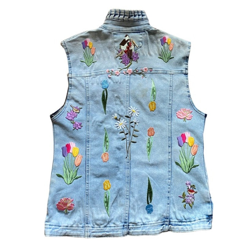 Upcycled Flower Garden Vintage Patch Embellished Sleeveless Acid Wash Jean Vest (M/L)