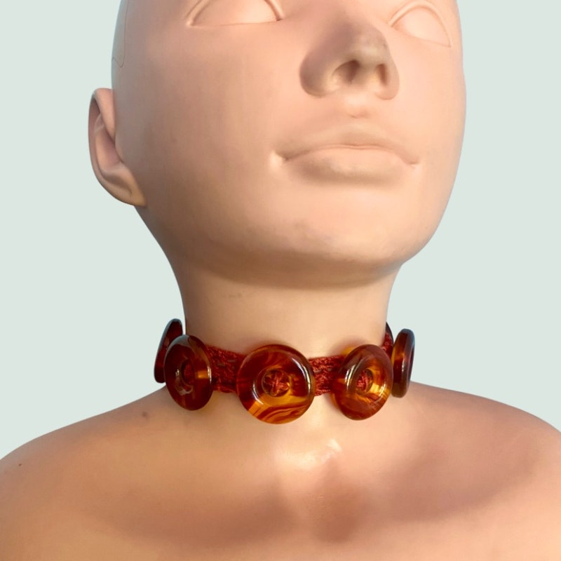 Burnt Orange Button Embellished Handknit Cotton Choker Necklace