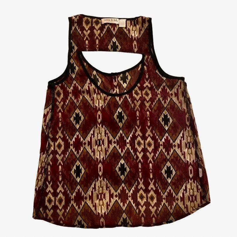 Sleeveless Sheer Black/ Burgundy Red/Cream Geometric Print Button Down Blouse (S)