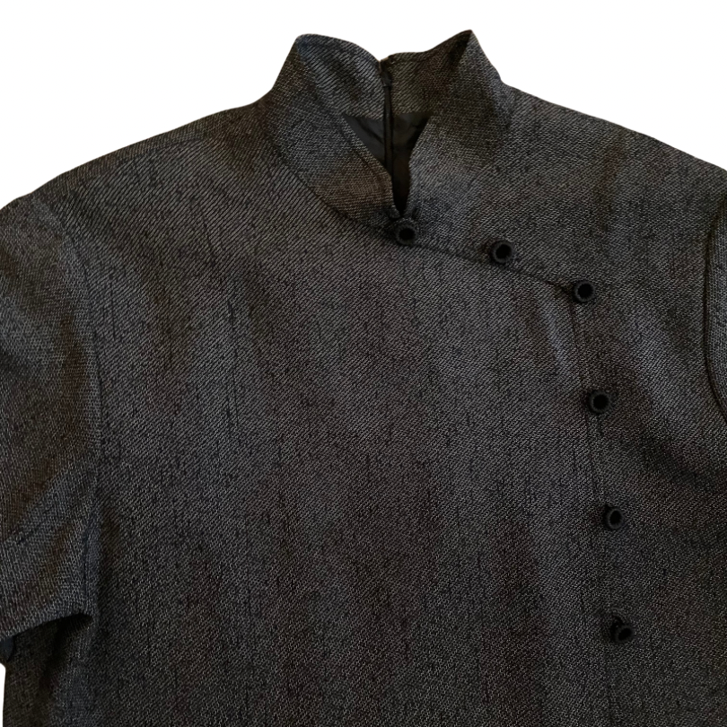 80’s Black/Grey Cheongsam Style Long Sleeve Vegan Wool Dress (M/L)