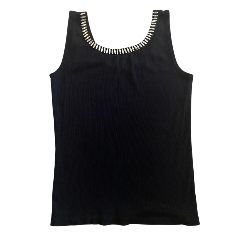Y2K Embellished Silver & Black Ribbed Cotton Tank Top (S)