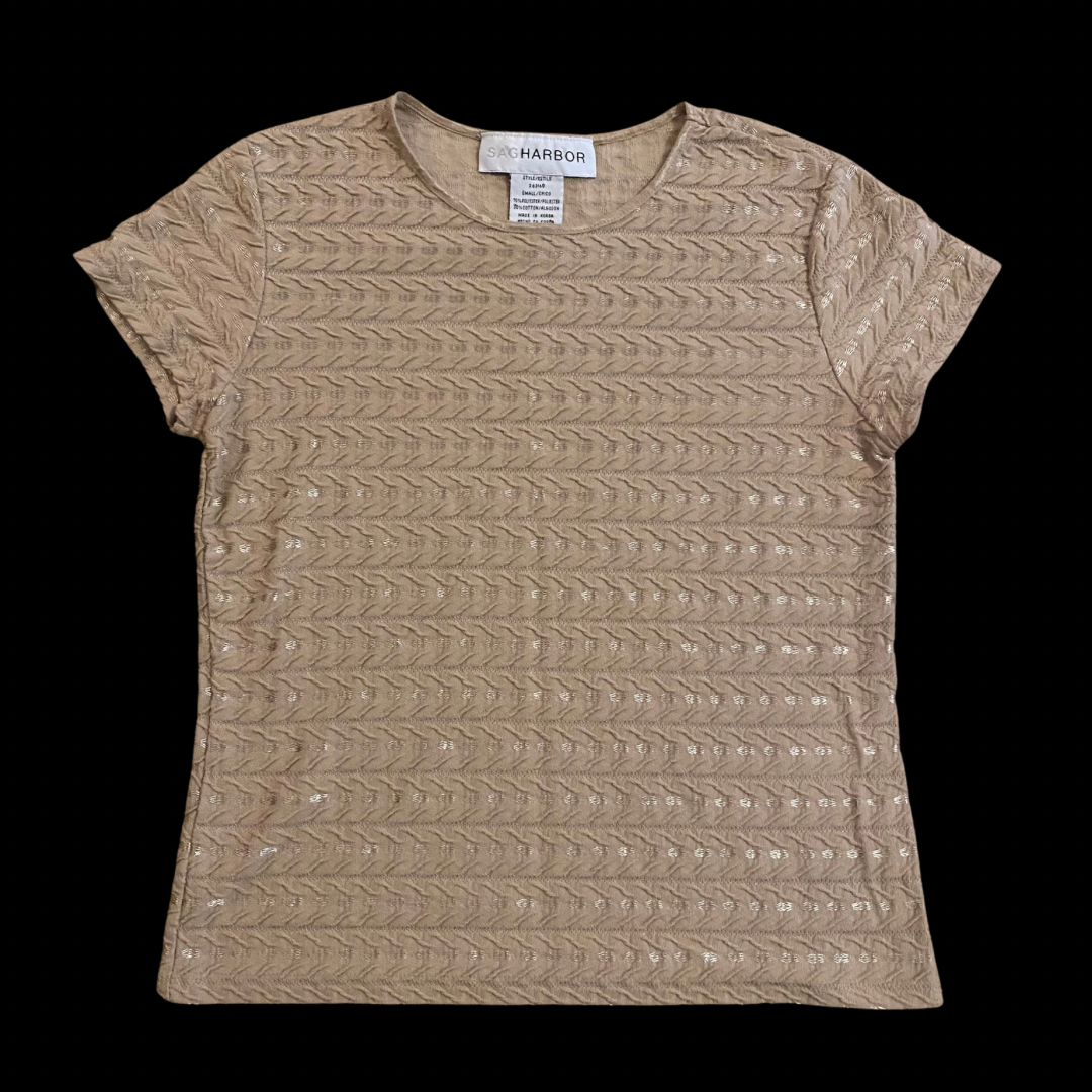 Vintage Sand and Champagne Ribbed Embroidered Short Sleeve Shirt (S)