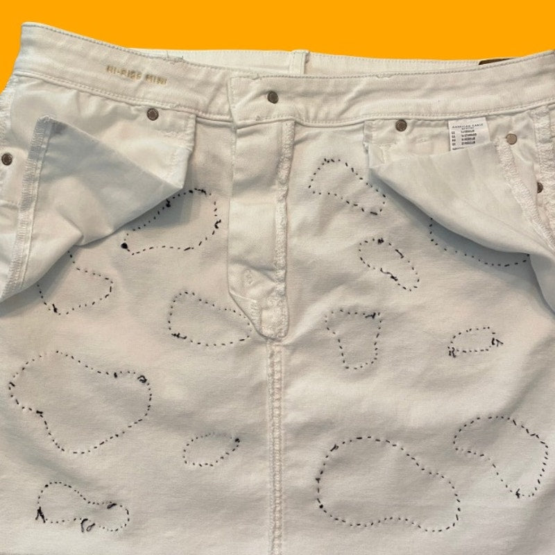 Upcycled White and Navy Blue Cowprint Stretch Denim Mini Skirt (16)