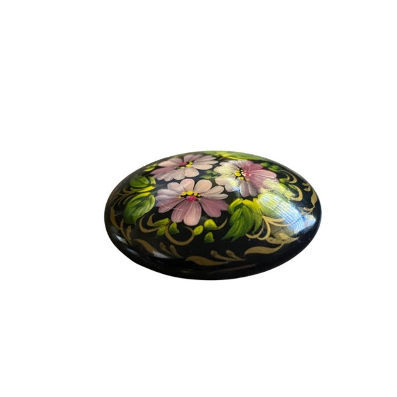 Vintage Ukrainian Round Handpainted Black Floral/ Gold Filigree Lacquer Wood Brooch