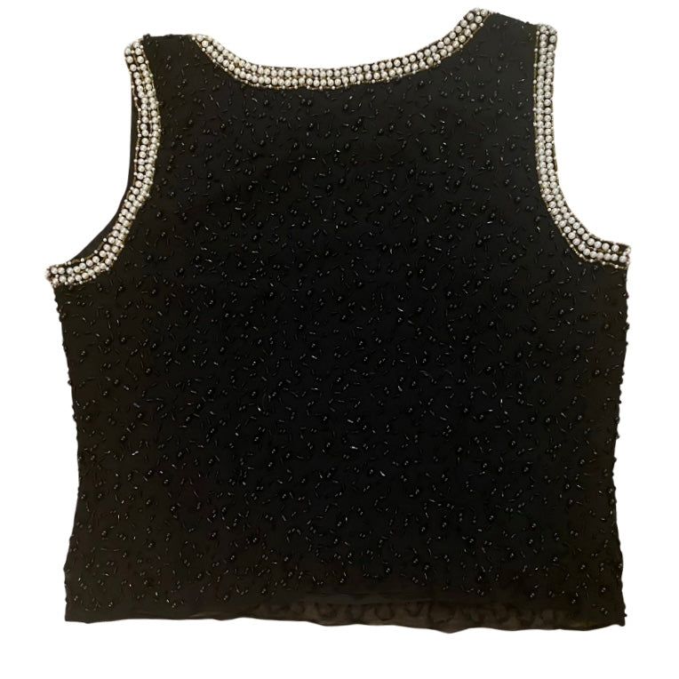 🔔 Vintage Women’s Black, Pearl & Bead-Embroidered Black Silk Sleeveless Top (14P)