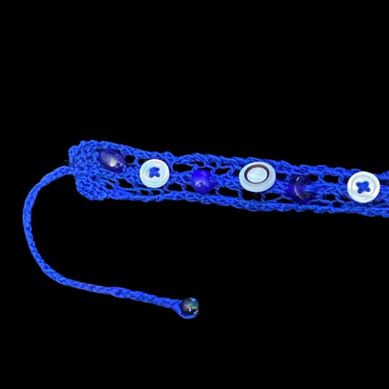 Black and White Button Embellished Royal Blue Handknit Cotton Choker Necklace