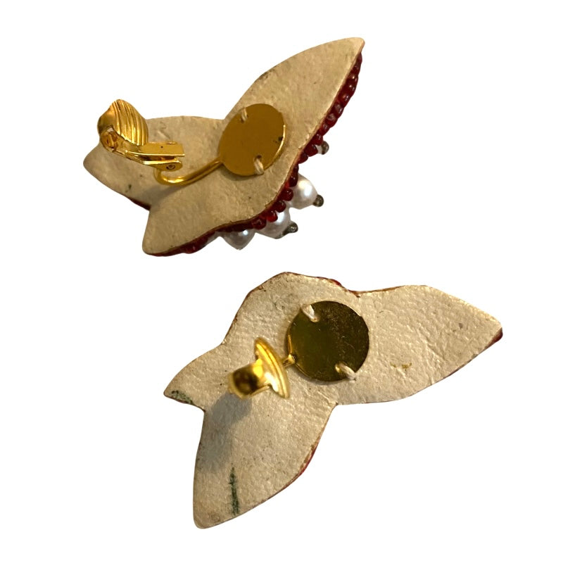 Red Sequin Pearl Beads Butterfly Wing Clip On Earrings