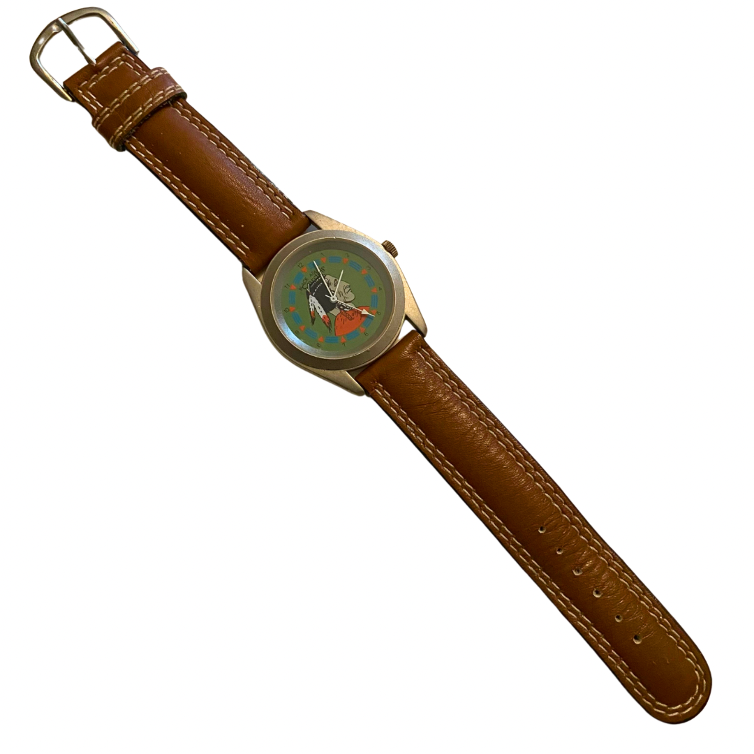Vintage Black Apache Chief Mahogany Brown Leather Band Analogue Wristwatch