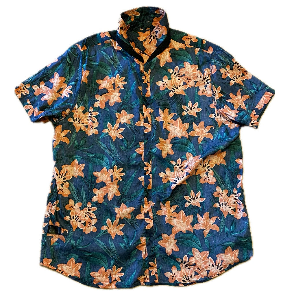 NWT Dark Blue & Orange Hibiscus Print Button Down Shirt (XXL)