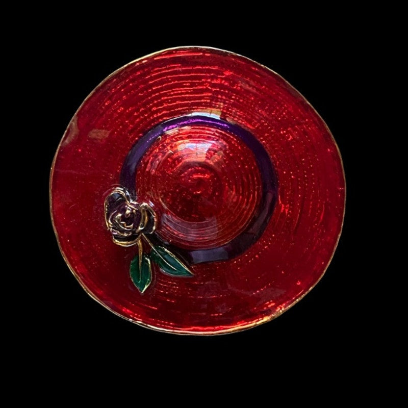 Vintage Large Red Hat Society Gold Rose Accent Brooch